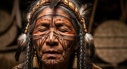 Obraz premium Native american old man with closed eyes wearing traditional headdress against fire background as spiritual wisdom concept