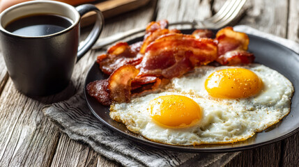 Classic breakfast plate featuring crispy bacon and sunny-side fried eggs served alongside a hot cup of black coffee on rustic wooden table