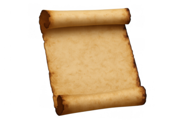 Blank vintage parchment scroll with burnt edges unrolling, presenting old aged paper for text on transparent background