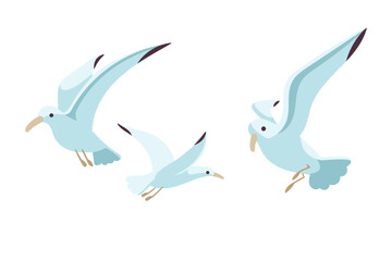 Vector hand-drawn illustration of a flock of seagulls. Flying gulls.