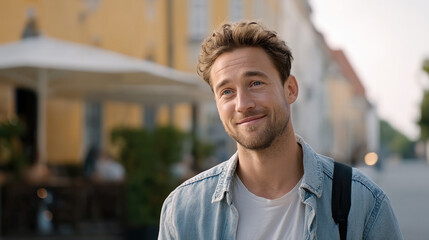 Cheerful man outdoors smiling, casual denim shirt, urban street background, natural light, positive mood, young adult