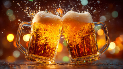 Toasting with two frosty beer mugs in a lively celebration scene
