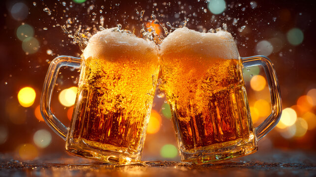 Toasting with two frosty beer mugs in a lively celebration scene