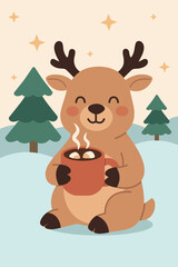 Cute Christmas Reindeer Drinking Hot Chocolate Winter Illustration Isolated Vector
