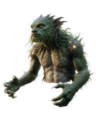 Green mossy humanoid creature with glowing spots and sharp claws transparent background monster