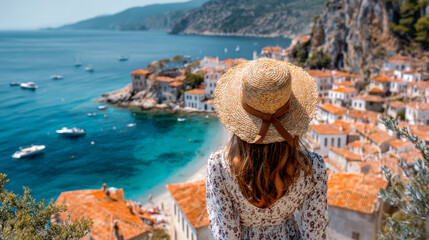 Woman wearing a straw hat admiring the stunning turquoise coastal views and charming orange-roofed houses of a Mediterranean seaside village on a sunny day