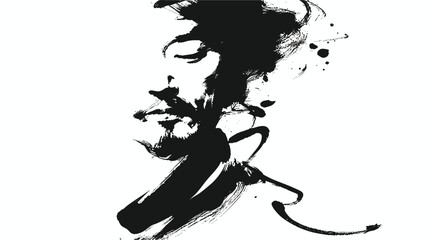 Abstract male portrait in oriental ink brush painting style &mdash; minimalist black and white art