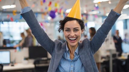 A woman wearing a party hat joyfully celebrates with her arms raised in a busy office filled with colorful streamers and coworkers enjoying a festive atmosphere.