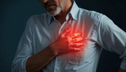 Man experiencing chest pain against dark background, senior holding chest in pain