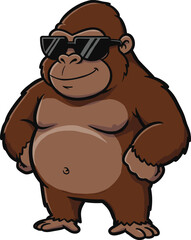 Cool cartoon gorilla wearing sunglasses, funny ape character standing confidently, stylish animal illustration for mascot, jungle wildlife vector art