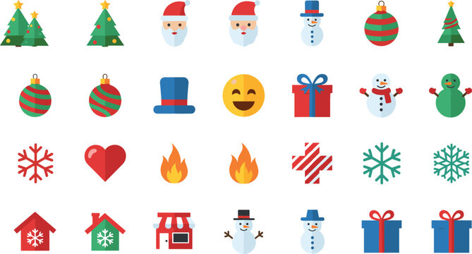 WebColorful Christmas and winter icon set featuring trees, Santa faces, snowmen, gifts, ornaments, snowflakes, festive holiday elements vector illustration