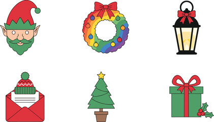 Colorful Christmas icon set featuring elf face, rainbow wreath, festive lantern, holiday letter, decorated tree, gift box illustration vector