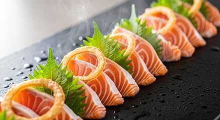 Fresh salmon sashimi arranged elegantly on a black slate plate, garnished with vibrant green shiso leaves, showcasing culinary artistry and Japanese cuisine concept