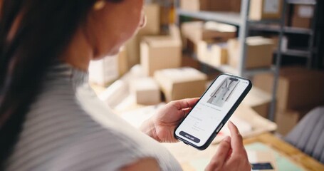 Hands, person and phone screen with fashion ecommerce for shoes choice, purchase and clearance sale. Woman, mobile and catalog for online shopping, clothes decision and payment for order in warehouse - Powered by Adobe