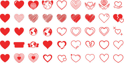 Collection of diverse red hearts in various styles and textures