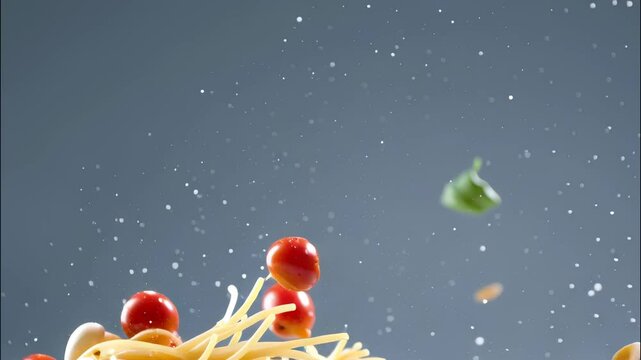 Flying spaghetti with cherry tomatoes pasta ingredients, garlic cloves and basil leaves over white bowl gradient gray background video 4k