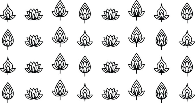 Elegant lotus floral line icons pattern, minimalist botanical outline symbols, seamless repetitive vector design for spa, wellness, meditation, nature branding