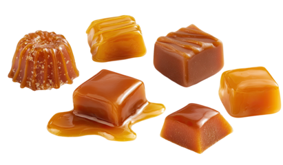 Caramel candies, various shapes and sizes, glossy caramel