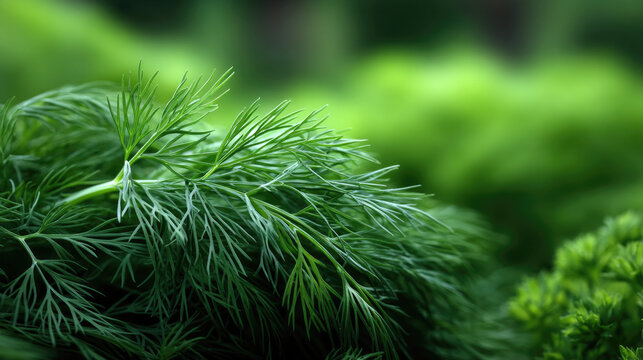 Fresh green dill leaves with feathery texture, vibrant color, and natural garden background, perfect for culinary and herbal uses