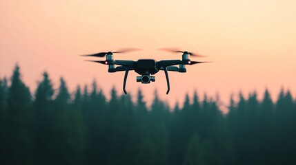 Drone view following team installing remote fire sensors on forest ridge. 