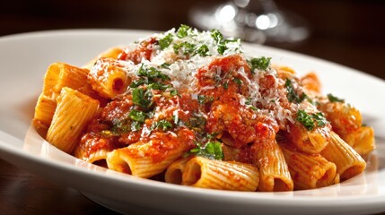 A plate of pasta with red sauce and cheese. The pasta is long and thin, and the sauce is thick and rich. The cheese is sprinkled on top, adding a savory touch to the dish