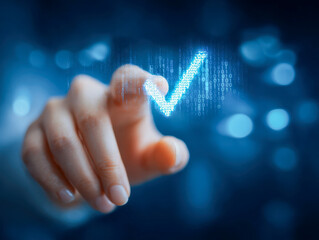 Person's hand interacting with digital checkmark symbol composed of glowing binary code on a futuristic blue blurred technology background