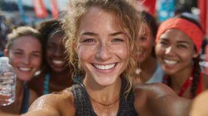 Energetic runners take a selfie after completing a 5k race on a bright sunny day, showing happiness and camaraderie