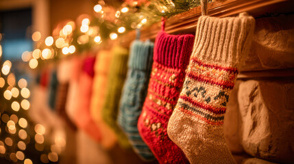 Cozy knitted holiday stockings in various colors hung along a warmly lit fireplace mantle adorned with festive evergreen garlands and twinkling lights
