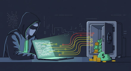 Depiction of cyber robbery with hooded hacker stealing money from open safe using laptop. Cyber robbery concept shows attacker using code and digital tools to break into financial systems.