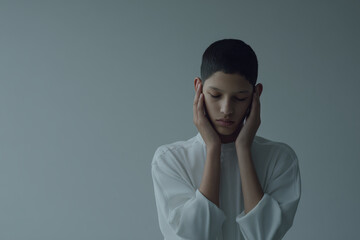 teenager gently compressing their head with both hands embodying serene and peaceful moment
