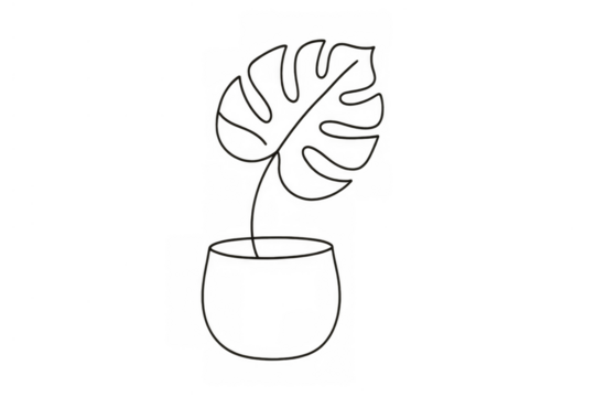 Monstera deliciosa houseplant in pot minimal continuous line drawing, plant sketch, foliage art, transparent background