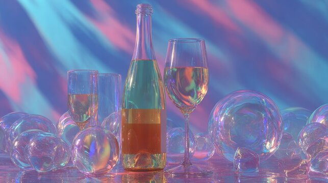 Creative party concept with champagne bottle, two glasses, vintage bottle, and glass spheres against vibrant multicolored background - Powered by Adobe