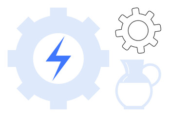 Large gear with lightning bolt, smaller outlined gear, and pitcher interconnected in abstract design. Ideal for energy, mechanics, sustainability, electricity, industry, water innovation themes