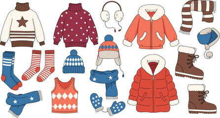 Winter clothing collection, sweaters, jackets, boots, socks, scarves, hats, earmuffs, seasonal outfit variety, cartoon style, flat vector illustration