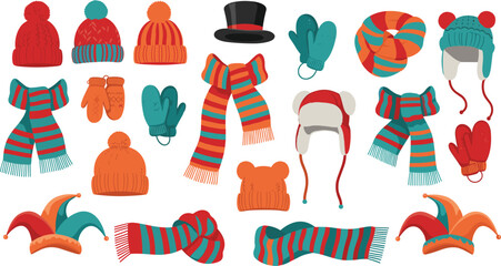 Winter hats, scarves, mittens, jester hats, festive accessories, seasonal clothing, cold weather gear, flat vector illustration, colorful winter fashion
