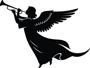 Angel silhouette, trumpet blowing, spiritual symbol, religious icon, flying figure, divine messenger, black vector art, flat vector illustration