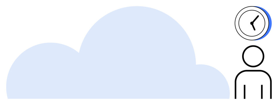Large cloud shape, minimalist person icon, and clock suggest time, data storage, and efficiency. Ideal for productivity, technology, cloud computing, scheduling workflow digital service simple