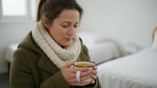 Woman in a winter coat drinking warm soup in a homeless shelter. A person receiving humanitarian aid and a hot meal. Charity and social support concept