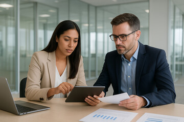 Two Business Professionals Reviewing Financial Data on Tablet in Modern Office