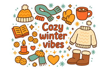Obraz premium Cozy Winter Essentials. Cozy winter vibes. Hand-drawn doodle illustration of cozy winter vibes. Wool hat,