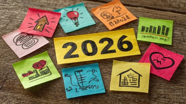 Planning business strategy for year 2026 with colorful notes displaying innovation, partnership, revenue, and cost strategy, planning and goals