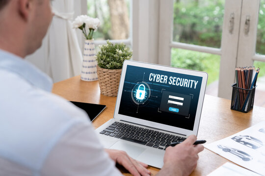 Cyber security system on computer screen protect private information brisk from hacker and cyber attack