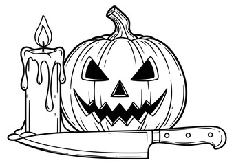 Halloween illustration with jack-o'-lantern, candle, and knife, spooky black and white drawing, eerie festive scene, horror theme