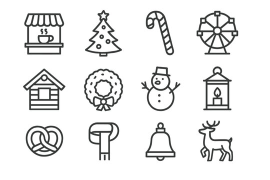Christmas Fair Icons. Holiday Market. Line outline icon set of christmas fair elements: hot drink stall,