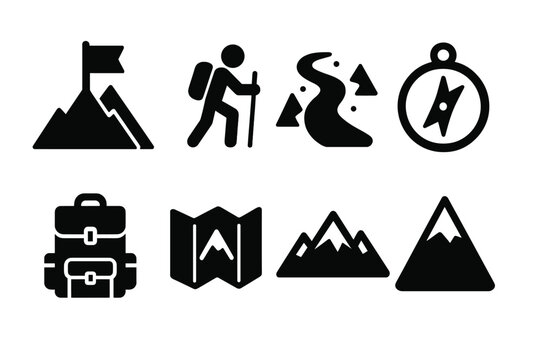 Mountain Adventure Icons. Mountain Adventure. Filled icon set of Mountain Adventure: summit flag, hiker, snow
