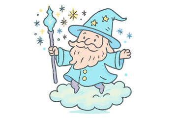 Frost Wizard Doodle. "Frost wizard character design". Playful doodle of a wizard floating on a snow cloud,