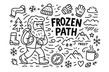 Obraz premium Icy Adventure Doodles. Frozen Path. Hand-drawn doodle illustration of a bearded traveler walking through icy