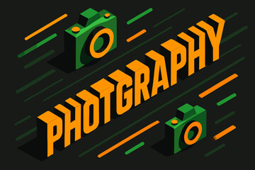 3D Photography in Motion. Photography in motion. isometric 3D lettering, bold blocky forms with angled