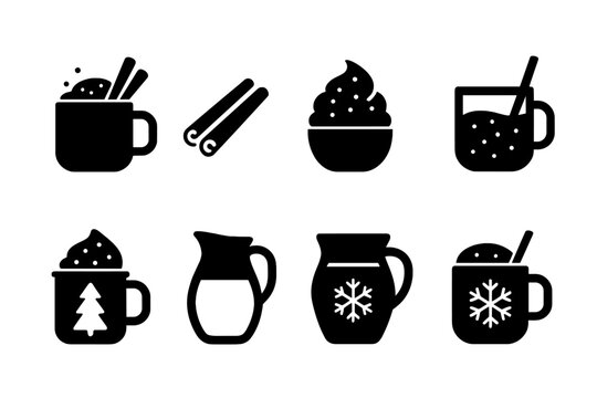 Eggnog Icon Set. Eggnog with Cinnamon Sticks. Filled icon set of Eggnog with Cinnamon Sticks: eggnog mug,