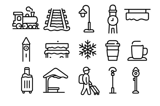 Winter Rail Icon Set. Train Travel in Snow. Line outline icon set of winter rail transport: train engine,